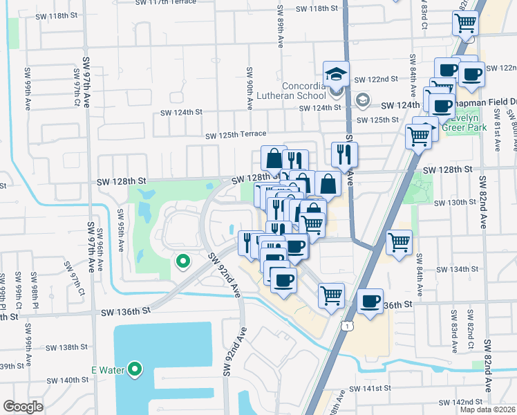 map of restaurants, bars, coffee shops, grocery stores, and more near in Kendall