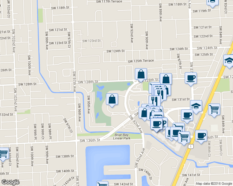 map of restaurants, bars, coffee shops, grocery stores, and more near 9247 Southwest 130th Street in Miami