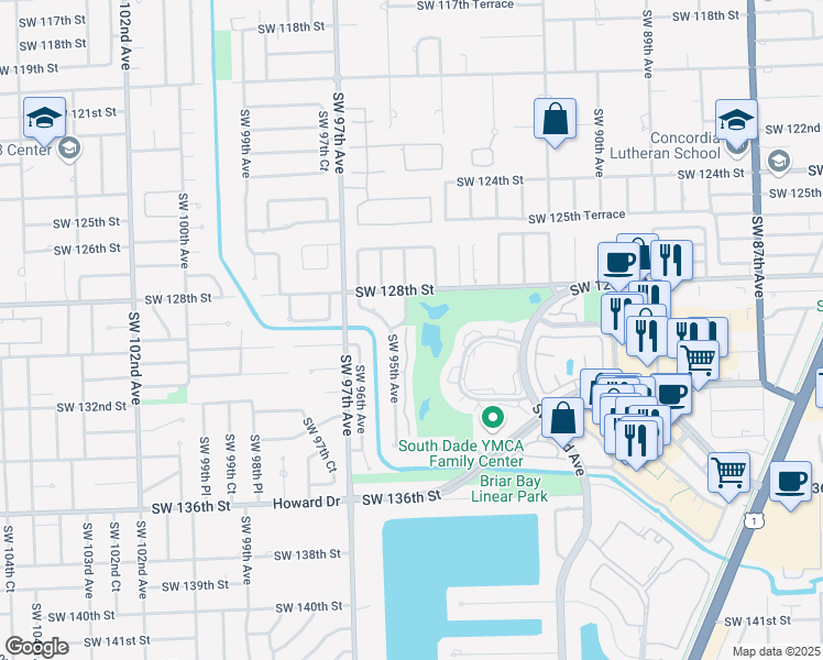 map of restaurants, bars, coffee shops, grocery stores, and more near 12931 Southwest 95th Avenue in Miami
