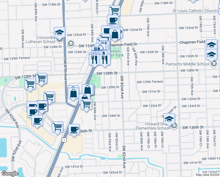 map of restaurants, bars, coffee shops, grocery stores, and more near 12940 Southwest 82nd Place in Miami