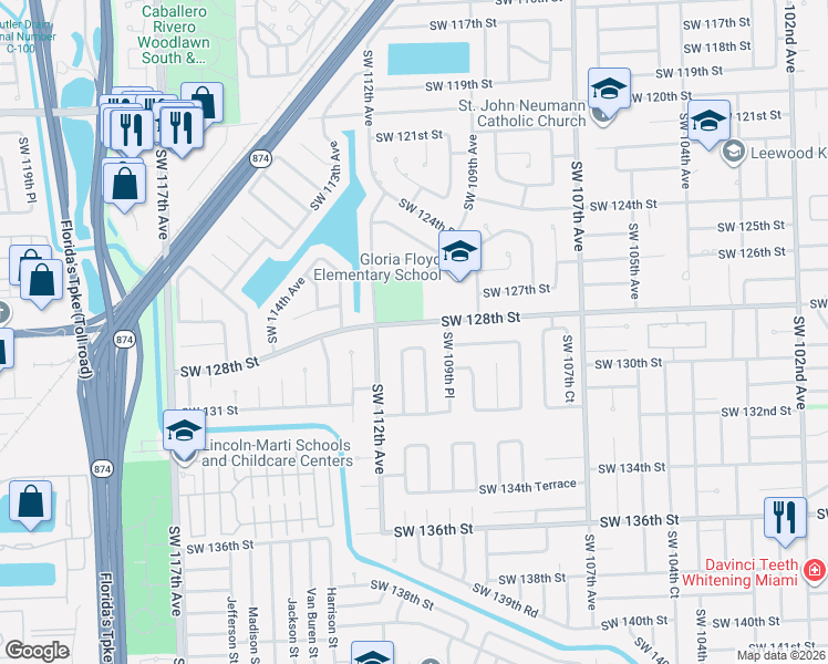 map of restaurants, bars, coffee shops, grocery stores, and more near 10960 Southwest 128th Street in Miami
