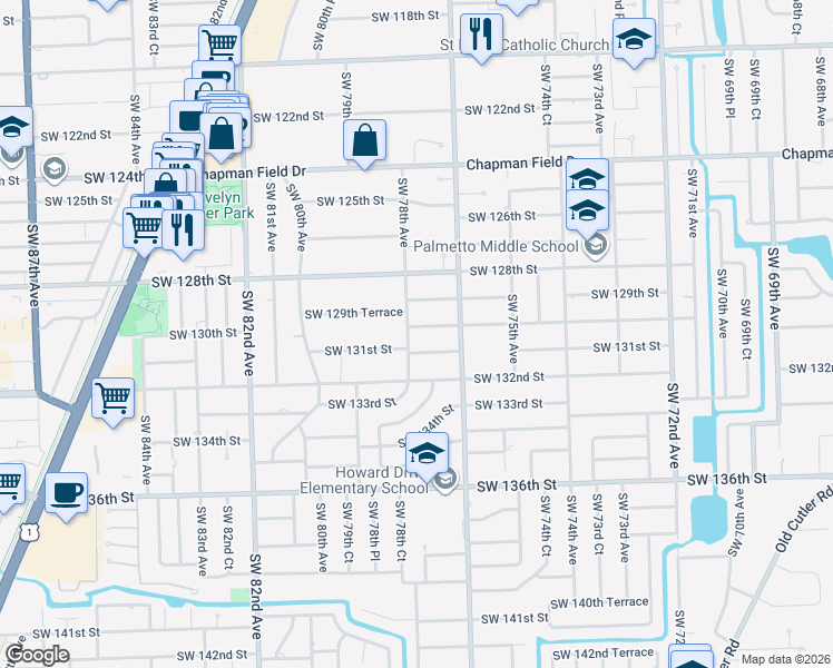 map of restaurants, bars, coffee shops, grocery stores, and more near 7721 Southwest 130th Street in Miami