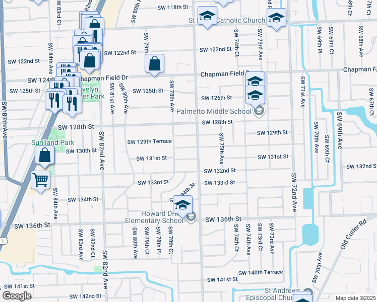 map of restaurants, bars, coffee shops, grocery stores, and more near 7721 Southwest 130th Street in Miami
