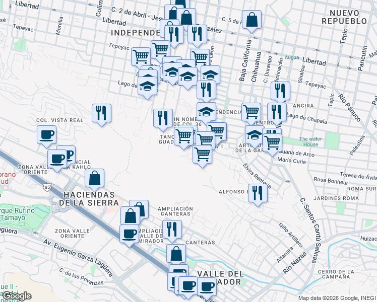 map of restaurants, bars, coffee shops, grocery stores, and more near 1000 Nuevo Leon in Monterrey