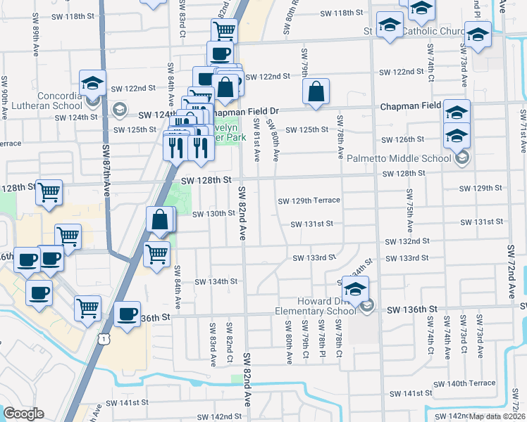 map of restaurants, bars, coffee shops, grocery stores, and more near 12915 Southwest 81st Avenue in Miami