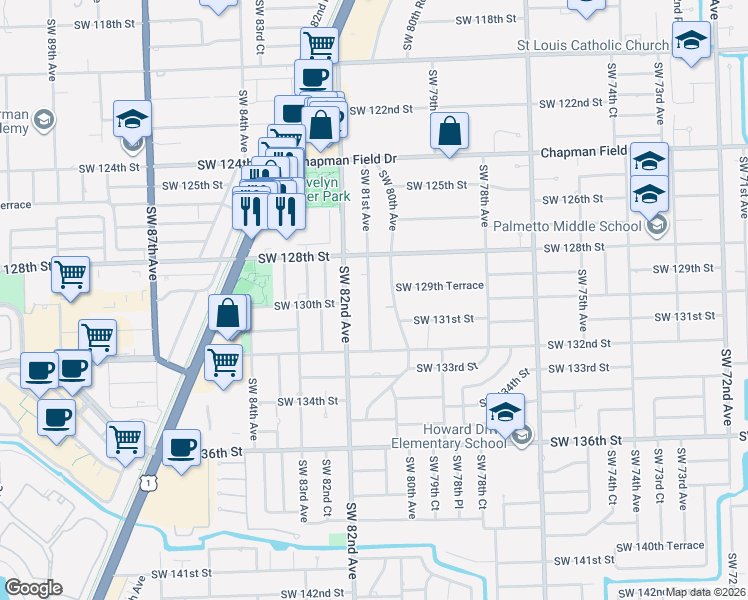 map of restaurants, bars, coffee shops, grocery stores, and more near 12915 Southwest 81st Avenue in Miami