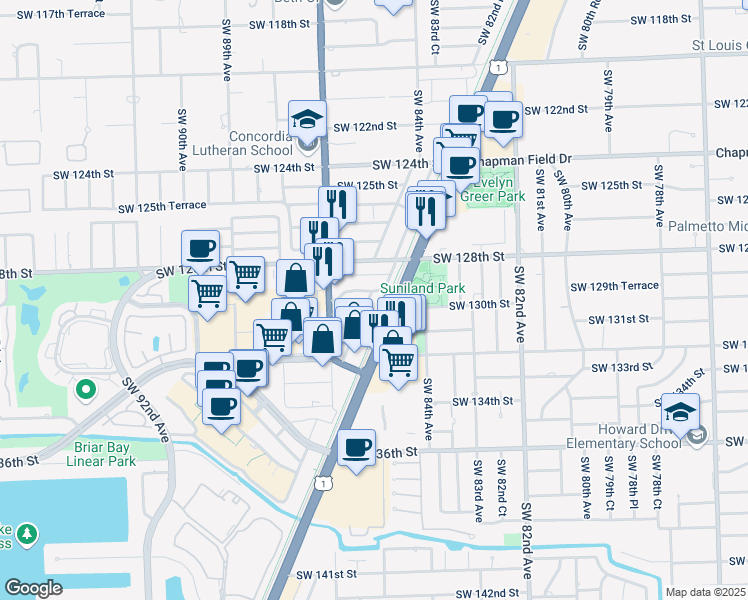 map of restaurants, bars, coffee shops, grocery stores, and more near 12969 Southwest 85th Avenue Road in Miami