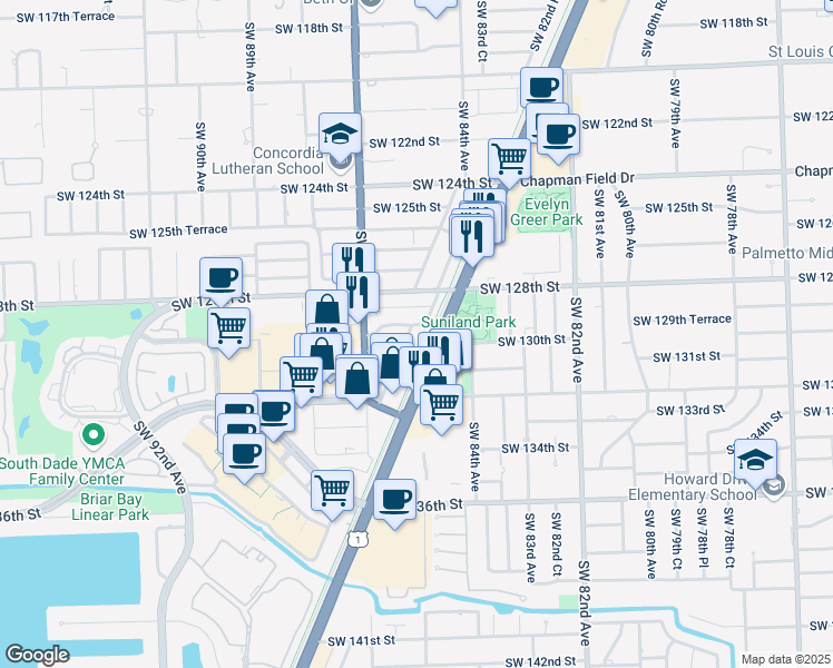map of restaurants, bars, coffee shops, grocery stores, and more near 12969 Southwest 85th Avenue Road in Miami