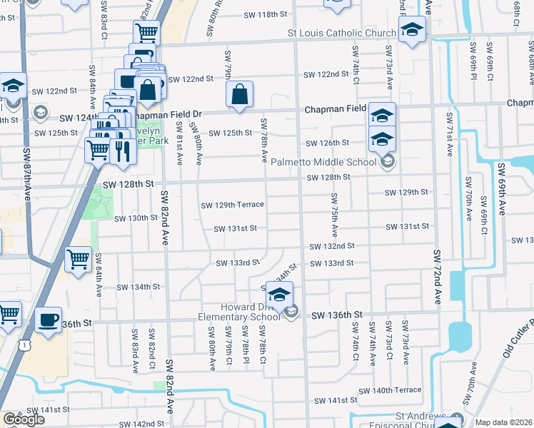 map of restaurants, bars, coffee shops, grocery stores, and more near 7875 Southwest 130th Street in Pinecrest