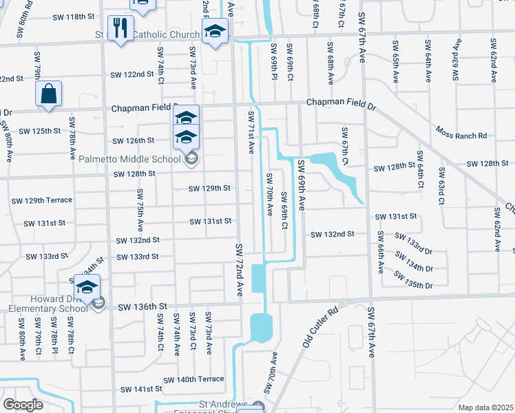map of restaurants, bars, coffee shops, grocery stores, and more near 13001 Southwest 71st Avenue in Miami