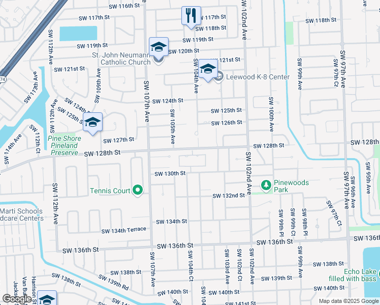 map of restaurants, bars, coffee shops, grocery stores, and more near 10445 Southwest 128th Terrace in Miami