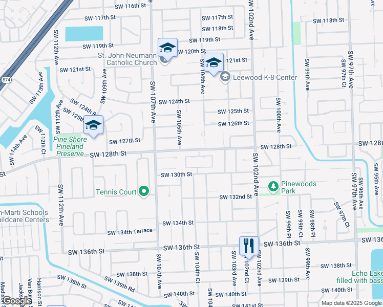 map of restaurants, bars, coffee shops, grocery stores, and more near 10445 SW 128th Terrace in Miami