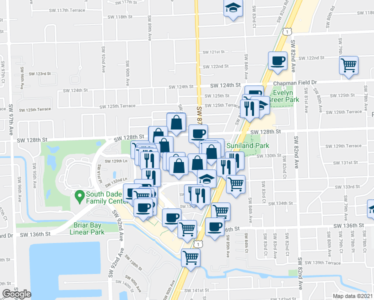 map of restaurants, bars, coffee shops, grocery stores, and more near 8745 Southwest 129th Terrace in Miami