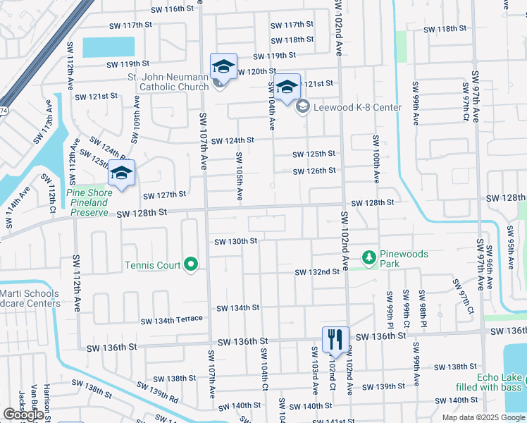 map of restaurants, bars, coffee shops, grocery stores, and more near 10445 Southwest 128th Terrace in Miami