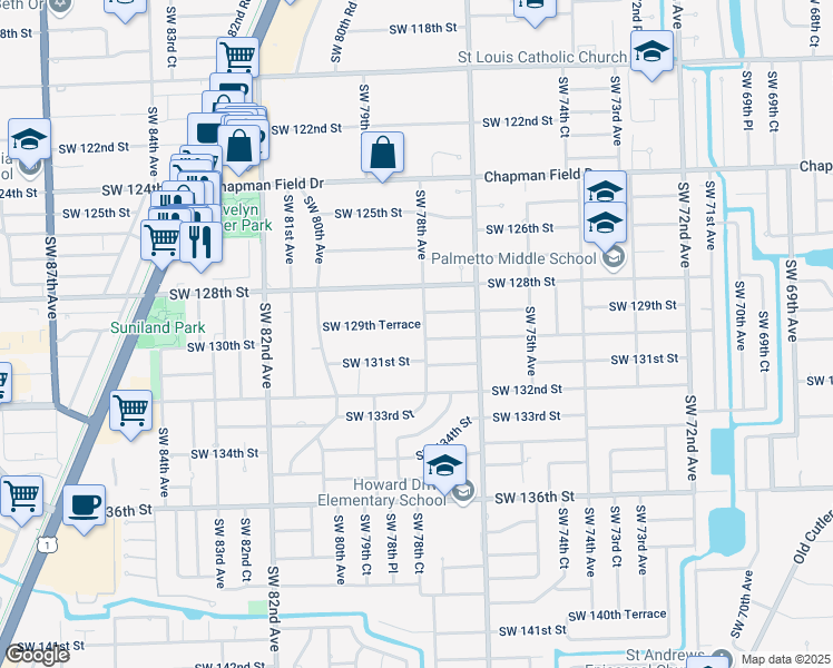 map of restaurants, bars, coffee shops, grocery stores, and more near 7800 Southwest 129th Terrace in Miami