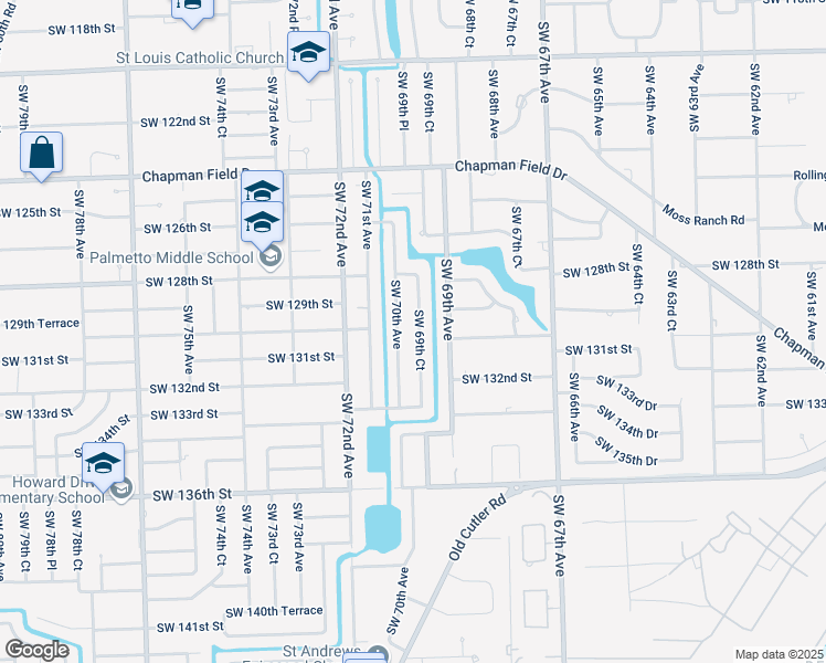 map of restaurants, bars, coffee shops, grocery stores, and more near 13000 Southwest 69th Court in Miami