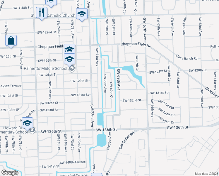 map of restaurants, bars, coffee shops, grocery stores, and more near 13000 Southwest 69th Court in Miami