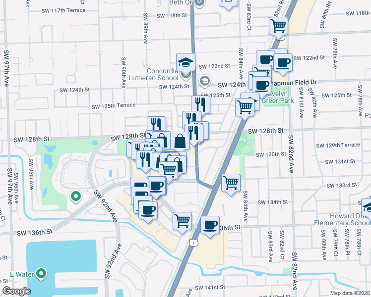 map of restaurants, bars, coffee shops, grocery stores, and more near 8745 Southwest 129th Terrace in Miami