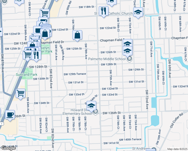 map of restaurants, bars, coffee shops, grocery stores, and more near 7721 Southwest 130th Street in Miami