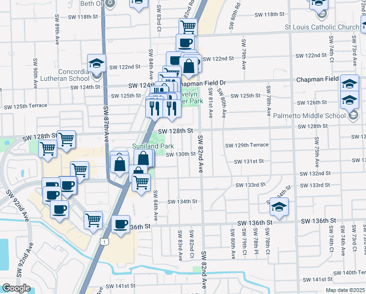 map of restaurants, bars, coffee shops, grocery stores, and more near 12940 Southwest 82nd Place in Miami