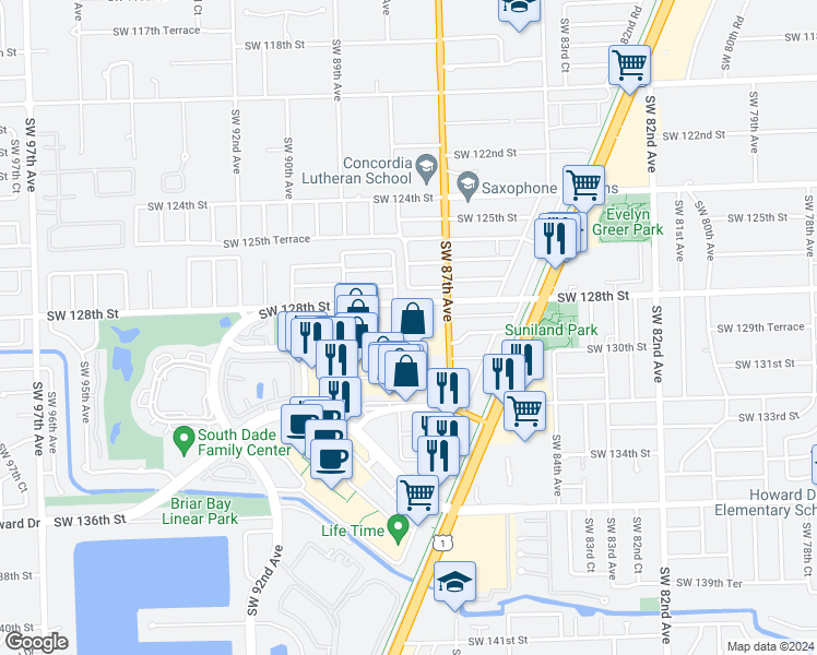 map of restaurants, bars, coffee shops, grocery stores, and more near 8745 Southwest 129th Terrace in Miami
