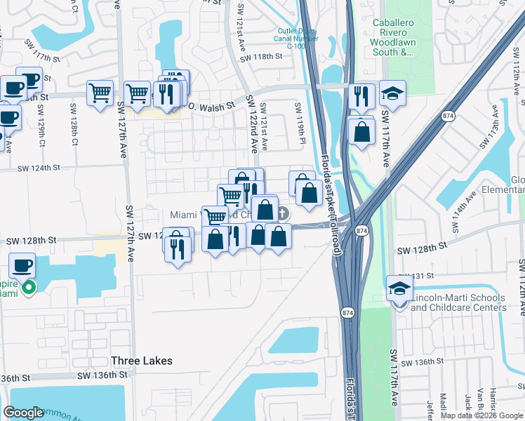 map of restaurants, bars, coffee shops, grocery stores, and more near 12680 Southwest 121st Avenue in Miami