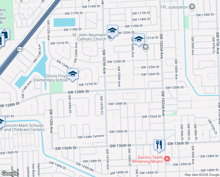 map of restaurants, bars, coffee shops, grocery stores, and more near 10635 Southwest 128th Terrace in Miami