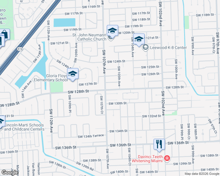 map of restaurants, bars, coffee shops, grocery stores, and more near 10635 Southwest 128th Terrace in Miami