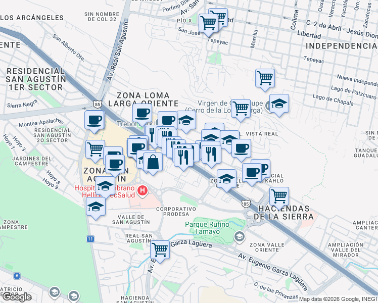map of restaurants, bars, coffee shops, grocery stores, and more near 2321 Avenida Lázaro Cárdenas in San Pedro Garza García