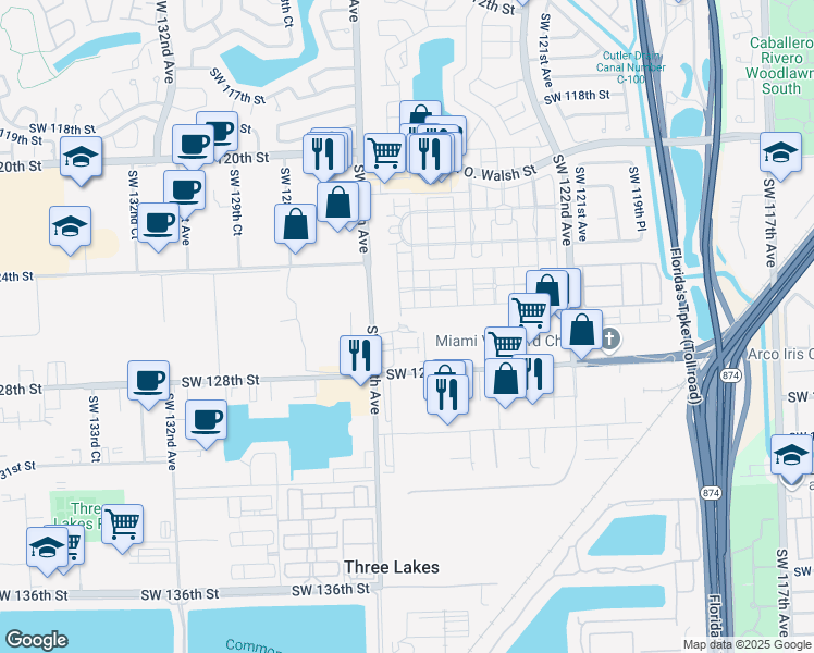 map of restaurants, bars, coffee shops, grocery stores, and more near 12539 Southwest 128th Street in Miami