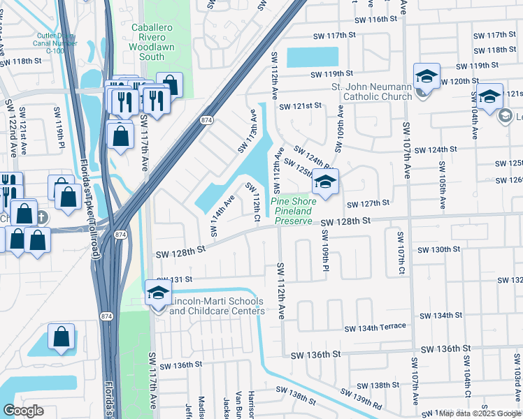 map of restaurants, bars, coffee shops, grocery stores, and more near 12625 Southwest 112th Court in Miami