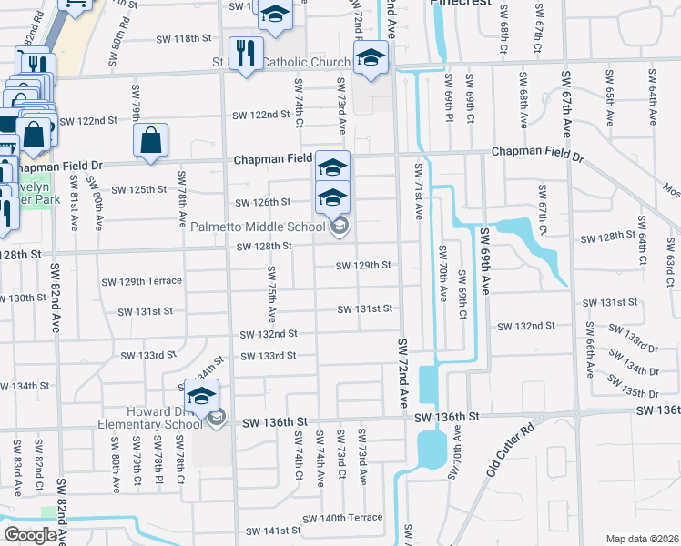 map of restaurants, bars, coffee shops, grocery stores, and more near 7340 Southwest 130th Street in Miami
