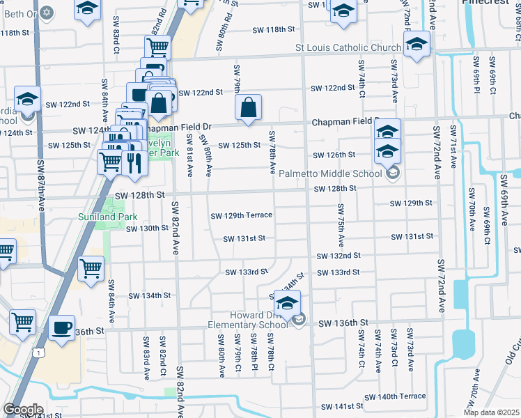 map of restaurants, bars, coffee shops, grocery stores, and more near 7800 Southwest 129th Terrace in Miami