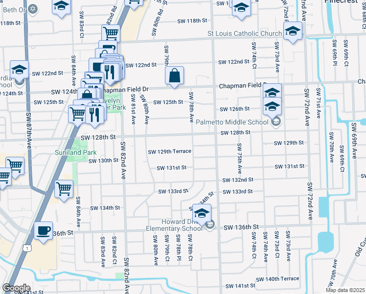 map of restaurants, bars, coffee shops, grocery stores, and more near 7800 Southwest 129th Terrace in Miami