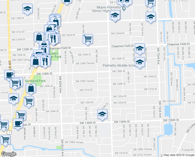 map of restaurants, bars, coffee shops, grocery stores, and more near 9070 Southwest 129th Street in Miami
