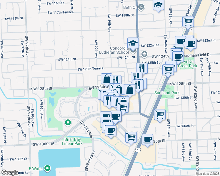 map of restaurants, bars, coffee shops, grocery stores, and more near 12701 Southwest 89th Avenue in Miami