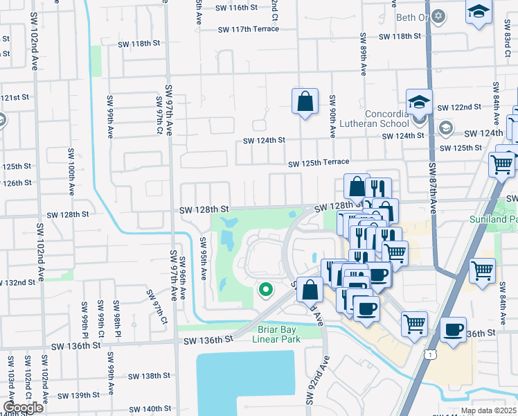map of restaurants, bars, coffee shops, grocery stores, and more near 12753 Southwest 93rd Avenue in Miami