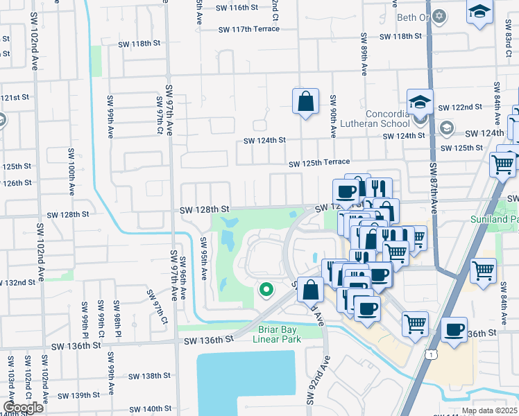 map of restaurants, bars, coffee shops, grocery stores, and more near 12753 Southwest 93rd Avenue in Miami