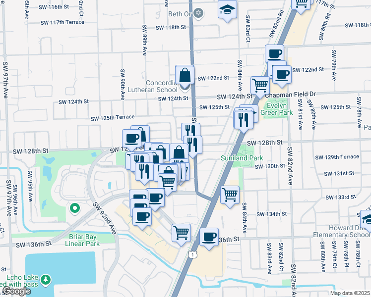 map of restaurants, bars, coffee shops, grocery stores, and more near 8750 Southwest 127th Terrace in Miami