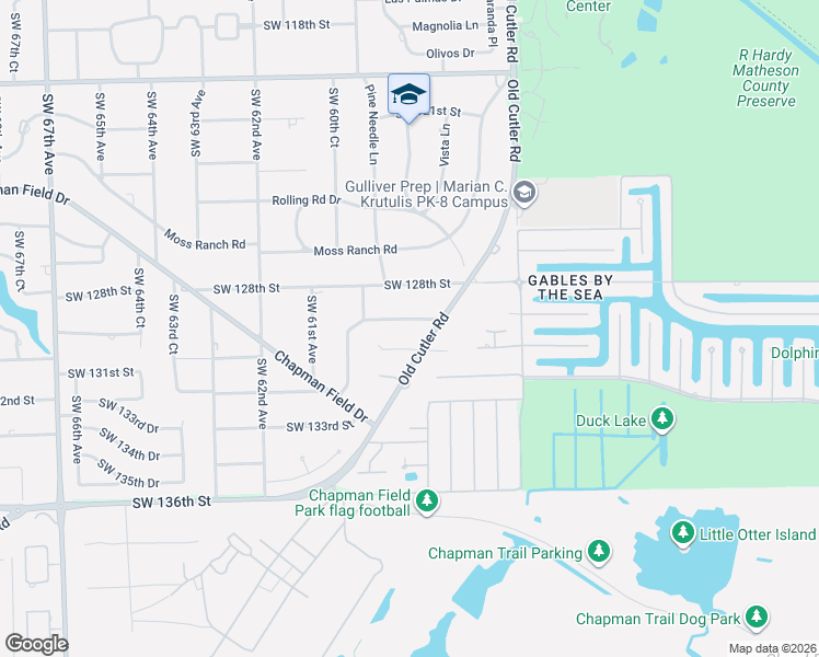 map of restaurants, bars, coffee shops, grocery stores, and more near 5850 Southwest 129th Terrace in Pinecrest