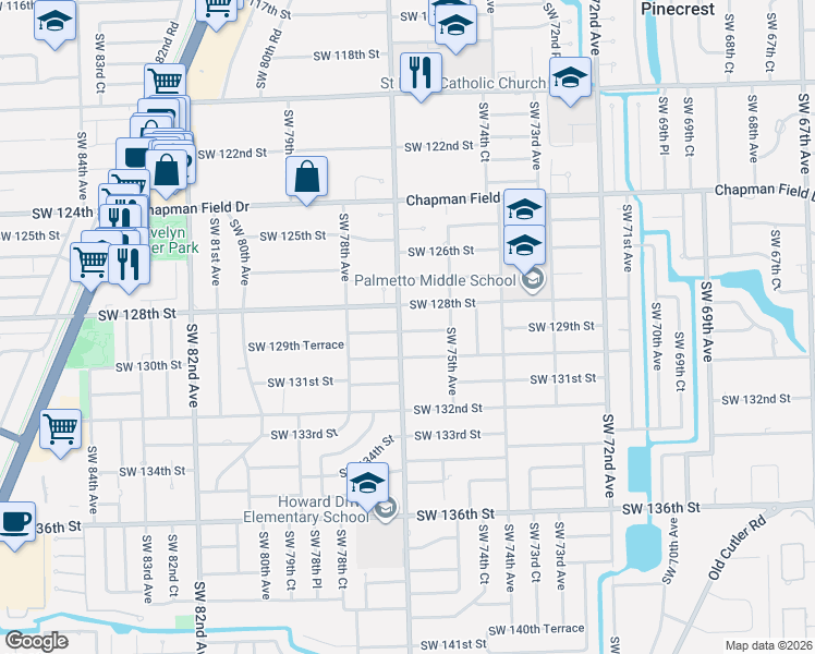 map of restaurants, bars, coffee shops, grocery stores, and more near 7690 Southwest 128th Street in Miami