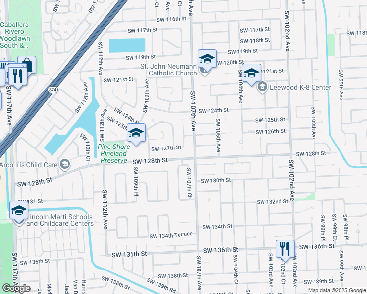 map of restaurants, bars, coffee shops, grocery stores, and more near 24054 Southwest 107th Court in Miami