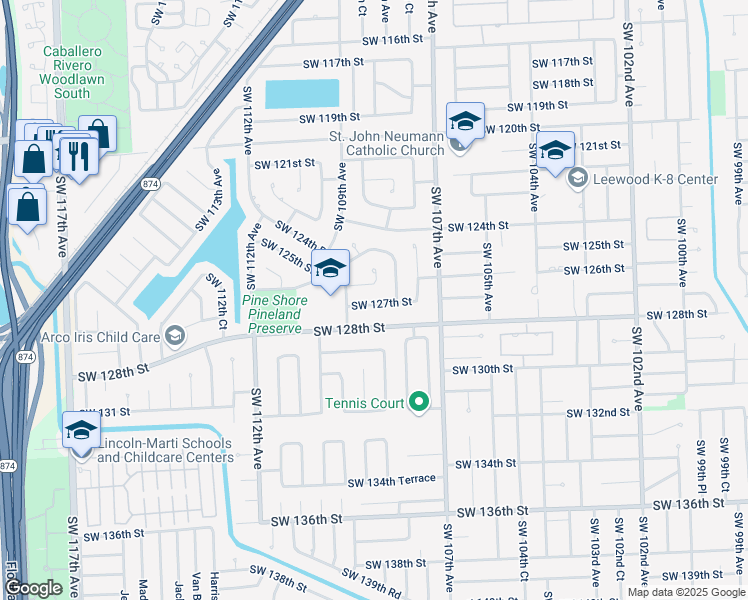 map of restaurants, bars, coffee shops, grocery stores, and more near 10840 Southwest 126th Street in Miami
