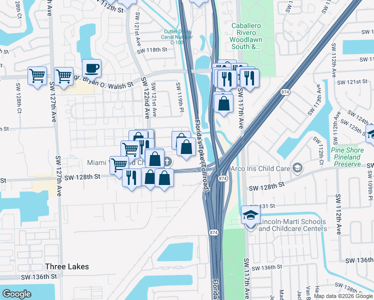map of restaurants, bars, coffee shops, grocery stores, and more near 12632 Southwest 119th Court in Miami