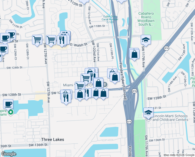 map of restaurants, bars, coffee shops, grocery stores, and more near 12588 Southwest 121st Avenue in Miami