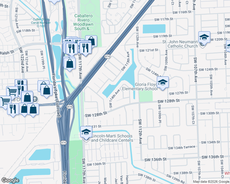 map of restaurants, bars, coffee shops, grocery stores, and more near 12620 Southwest 114th Avenue in Miami