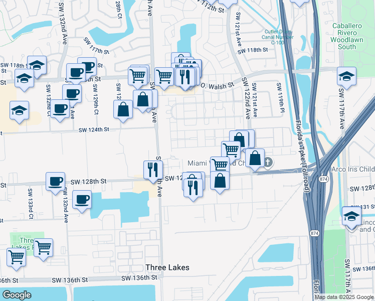 map of restaurants, bars, coffee shops, grocery stores, and more near 12472 Southwest 125th Terrace in Miami