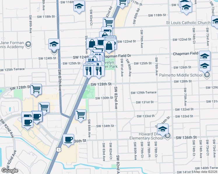 map of restaurants, bars, coffee shops, grocery stores, and more near 12800 Southwest 82nd Avenue in Miami