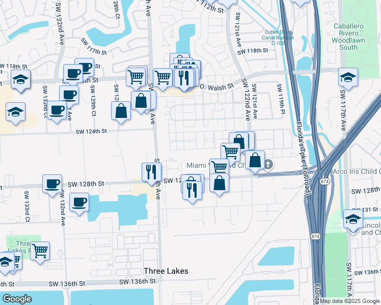 map of restaurants, bars, coffee shops, grocery stores, and more near 12524 Southwest 124th Path in Miami