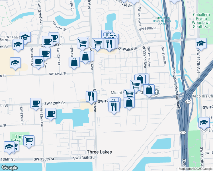 map of restaurants, bars, coffee shops, grocery stores, and more near 12524 Southwest 124th Path in Miami